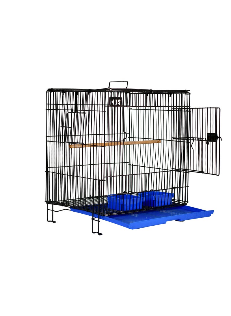 MBS Bird Cage - 38cm W x 38cm H x 30cm D, Plastic Tray, 2 Food Containers, Acacia Wooden Stick, Hanging Breeding Box Option, Foldable, Durable Powder Coating Finish