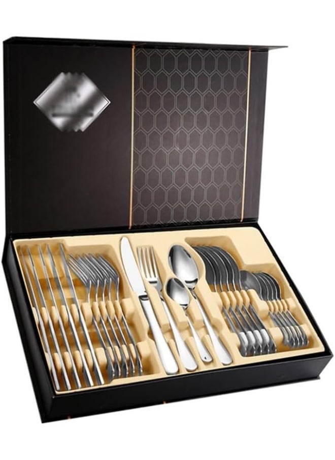 Souqoon- Cutlery Sets 24 Piece Silverware Set, Stainless Steel Cutlery Set, Knife Fork Spoon Western Food Flatware Set, Mirror Polishing, With Gift Box (Color : Silver)