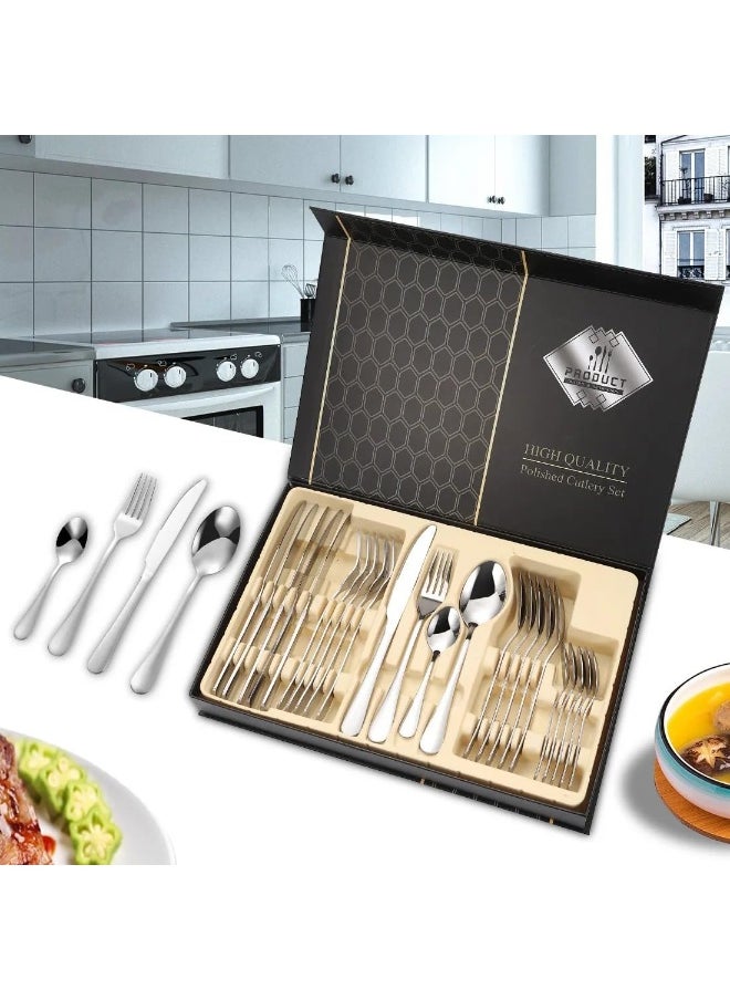 Souqoon- 24 Pieces Silver Knives Spoons And Forks Set Stainless Steel Silverware Catering Crockery Cutlery Flatware Set For 6