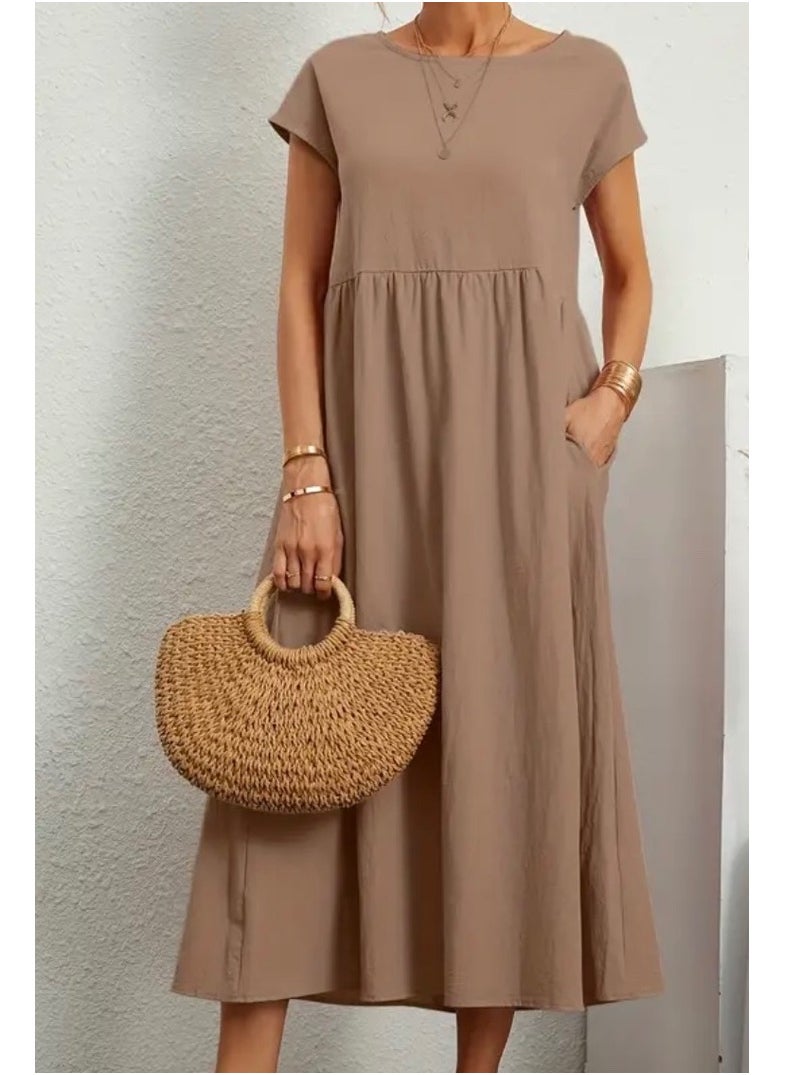 Loose Fit Midi Dress, Brown, Short Sleeves, With Pockets, Length Maxi, Fabric Jersey