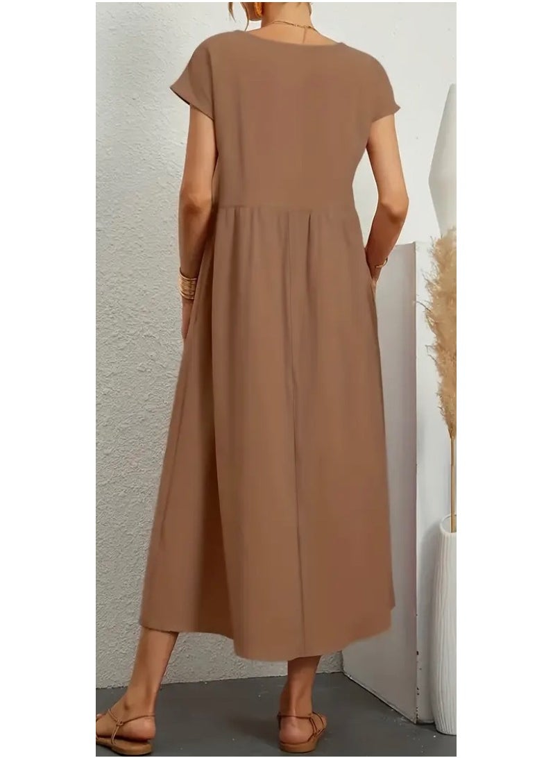 Loose Fit Midi Dress, Brown, Short Sleeves, With Pockets, Length Maxi, Fabric Jersey