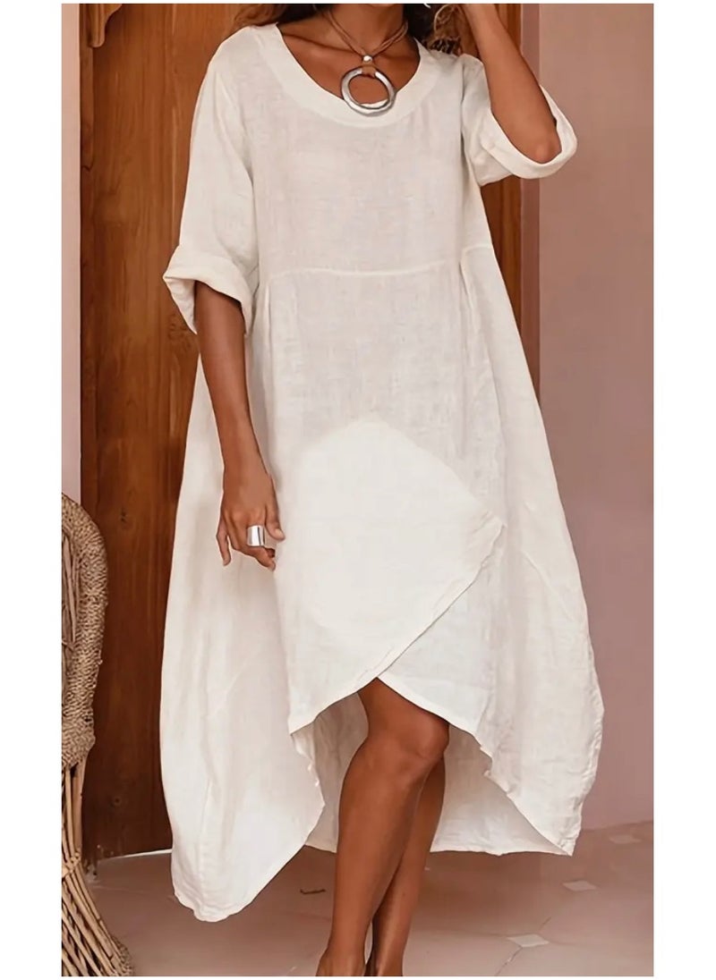 Cotton Dress, 3/4 Sleeves, Round Collar, White, Loose Fit, Knee Length