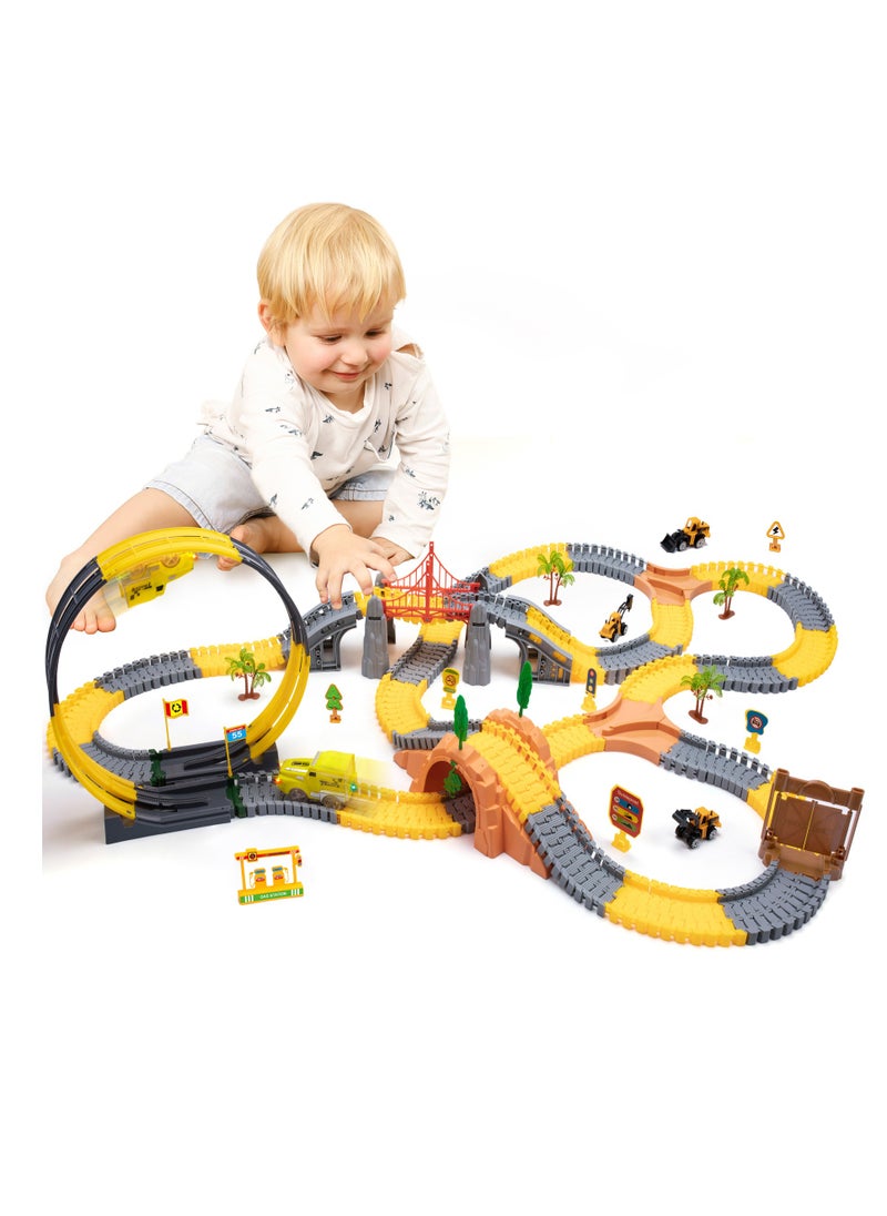 Tumama Kids 342pcs Construction Race Tracks Toys Car Set With 2 Electric Race Vehicle Flexible 360° Train Tracks Construction Road Race Trucks