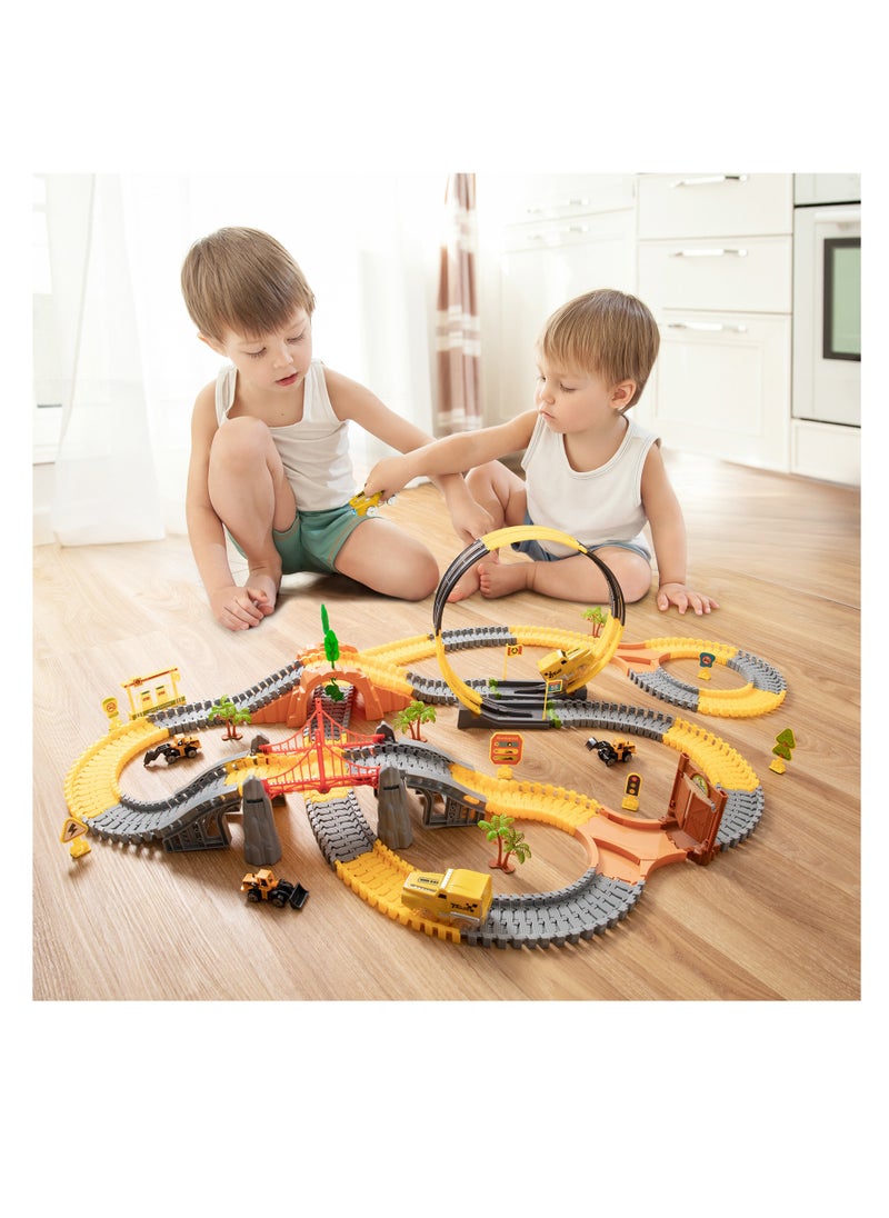 Tumama Kids 342pcs Construction Race Tracks Toys Car Set With 2 Electric Race Vehicle Flexible 360° Train Tracks Construction Road Race Trucks