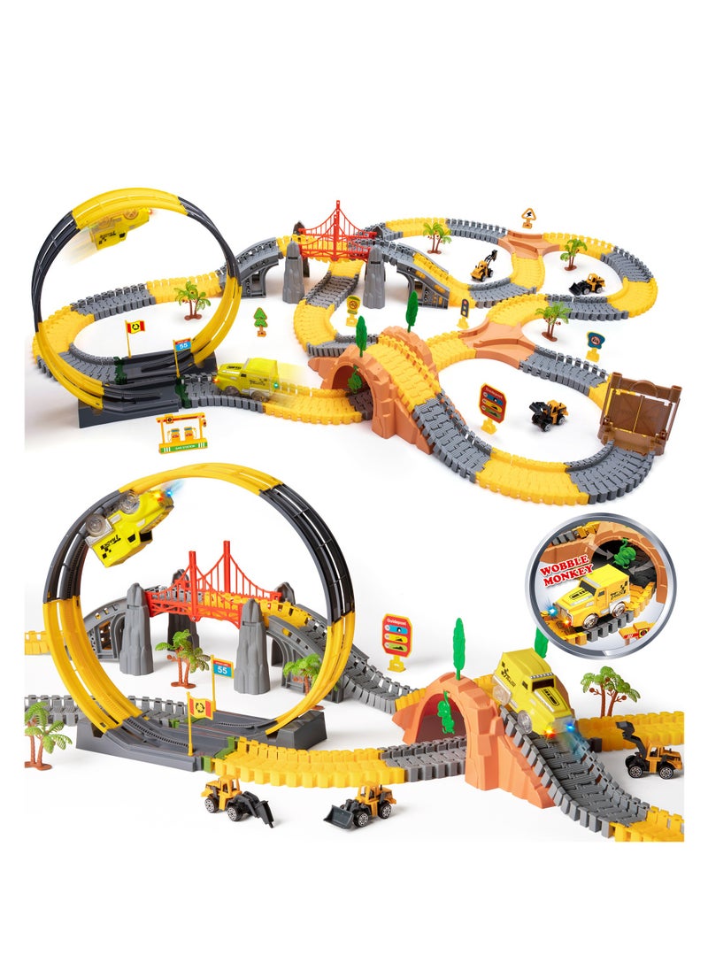 Tumama Kids 342pcs Construction Race Tracks Toys Car Set With 2 Electric Race Vehicle Flexible 360° Train Tracks Construction Road Race Trucks