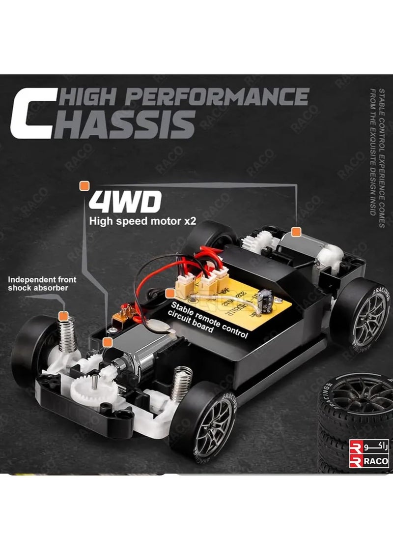 RACO 1:24 Scale RC Drift Car with Flashing Lights, 2.4GHz 4WD High-Speed Racing Vehicle, Dual Tires Set for Speed & Drift, USB Charging Remote Control Toy for Boys & Girls, Includes Cones & Tools