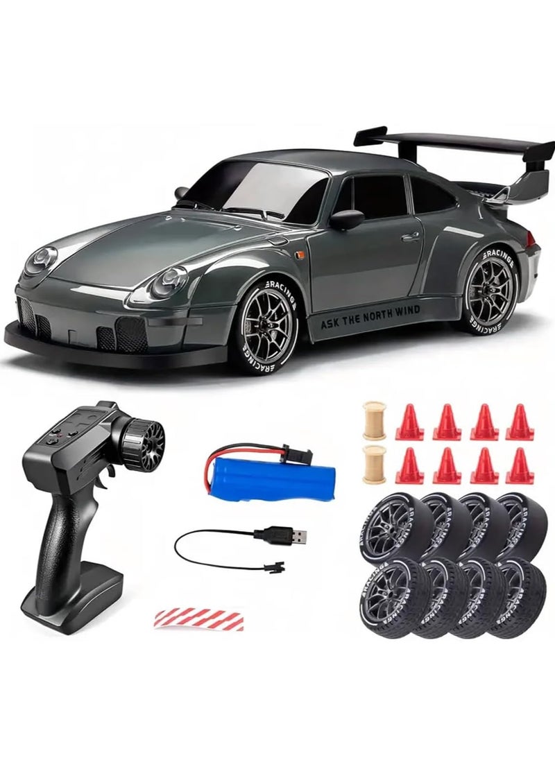 RACO 1:24 Scale RC Drift Car with Flashing Lights, 2.4GHz 4WD High-Speed Racing Vehicle, Dual Tires Set for Speed & Drift, USB Charging Remote Control Toy for Boys & Girls, Includes Cones & Tools