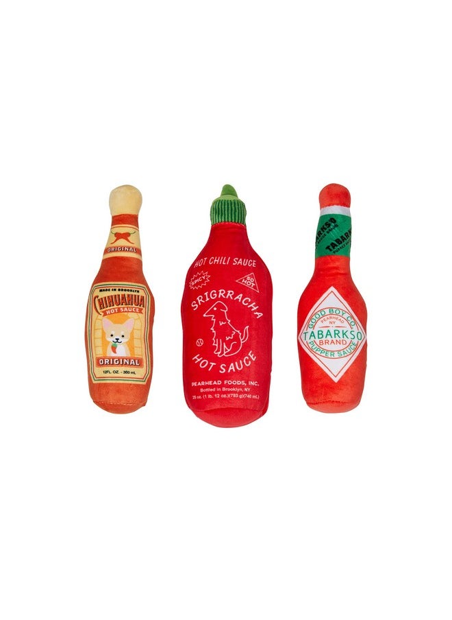 Hot Sauce Dog Toys, Set Of 3, Hot Sauce Toy Set For Dogs, Must Have Toys For Pet Owners, Plush Chew Toys Set Of 3