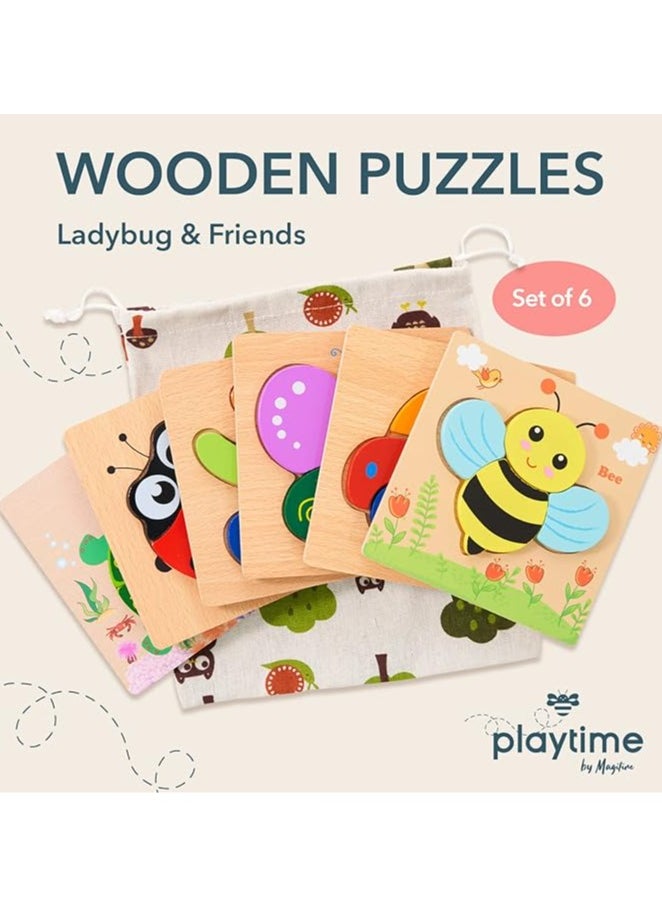 Wooden Puzzles for Toddlers Set of 6: Early Developmental STEM Toy for Babies Aged 1-3 Years; Ladybug, Bear, Bee, and Butterfly