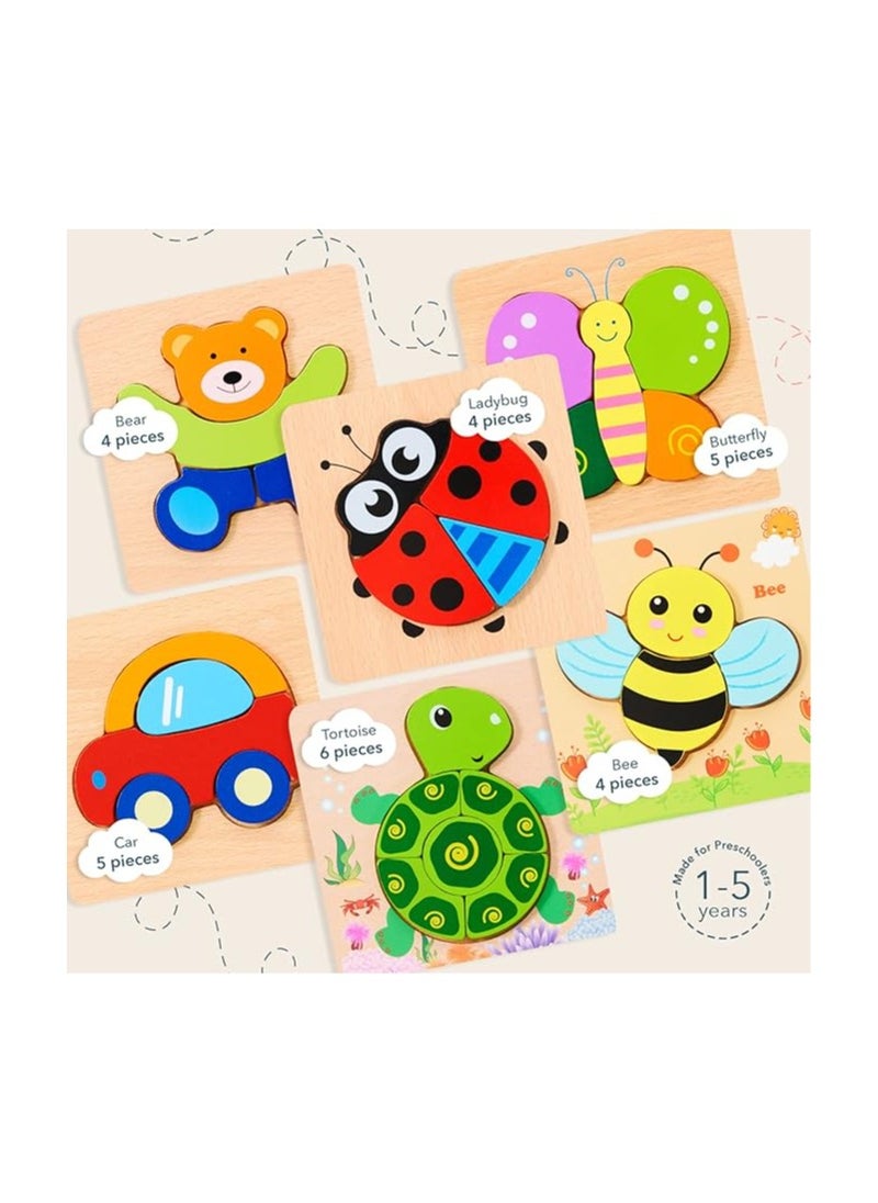 Wooden Puzzles for Toddlers Set of 6: Early Developmental STEM Toy for Babies Aged 1-3 Years; Ladybug, Bear, Bee, and Butterfly