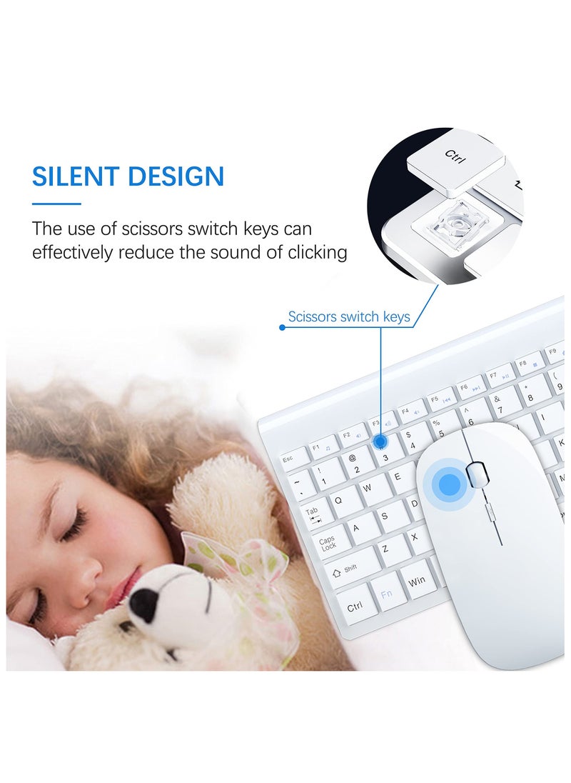 Wireless Keyboard and Mouse Ultra Slim Combo, 2.4G Silent Compact USB Mouse and Scissor Switch Keyboard Set with Cover, 2 AA and 2 AAA Batteries, for PC/Laptop/Windows/Mac - White