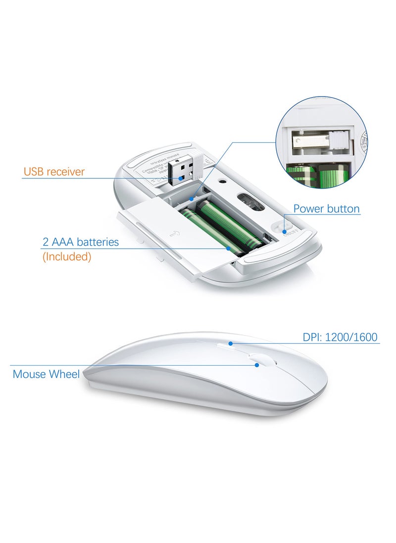 Wireless Keyboard and Mouse Ultra Slim Combo, 2.4G Silent Compact USB Mouse and Scissor Switch Keyboard Set with Cover, 2 AA and 2 AAA Batteries, for PC/Laptop/Windows/Mac - White