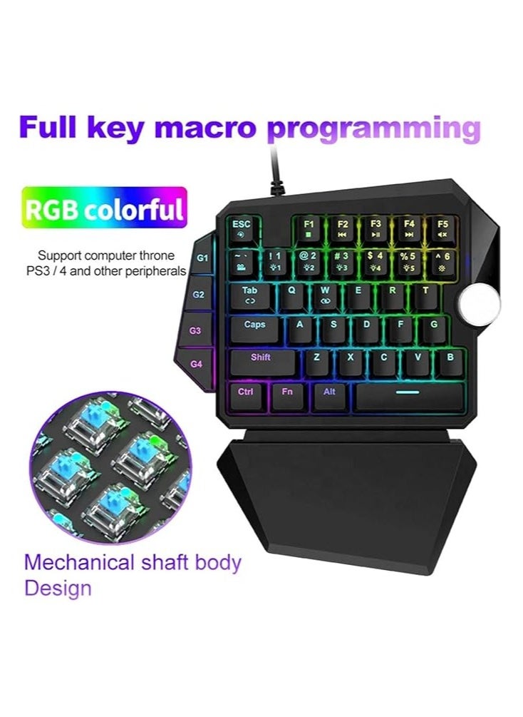 One Handed Gaming Mechanical Keyboard, RGB Backlight Single Hand Ergonomic E-Sports Game Keypad, 44 Keys for Desktop Notebook Tablet Game Console, Programmable Keys Multimedia Knob Keyboard