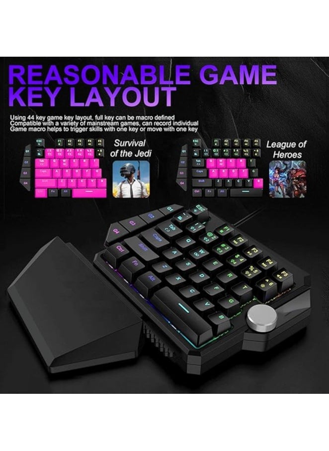 One Handed Gaming Mechanical Keyboard, RGB Backlight Single Hand Ergonomic E-Sports Game Keypad, 44 Keys for Desktop Notebook Tablet Game Console, Programmable Keys Multimedia Knob Keyboard