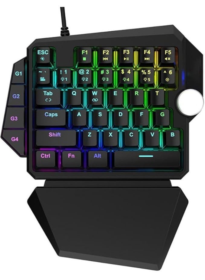 One Handed Gaming Mechanical Keyboard, RGB Backlight Single Hand Ergonomic E-Sports Game Keypad, 44 Keys for Desktop Notebook Tablet Game Console, Programmable Keys Multimedia Knob Keyboard