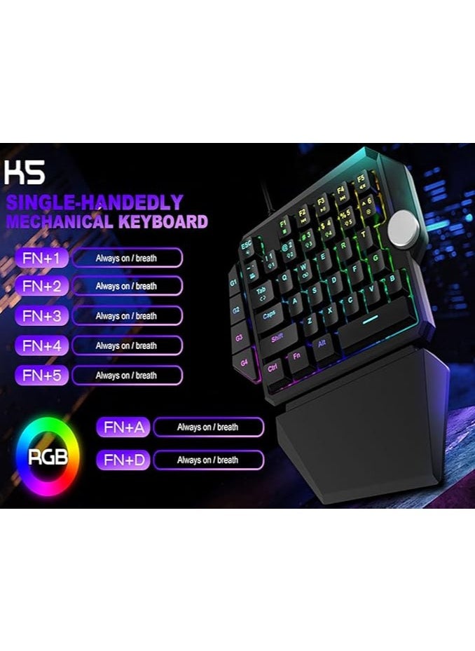 One Handed Gaming Mechanical Keyboard, RGB Backlight Single Hand Ergonomic E-Sports Game Keypad, 44 Keys for Desktop Notebook Tablet Game Console, Programmable Keys Multimedia Knob Keyboard