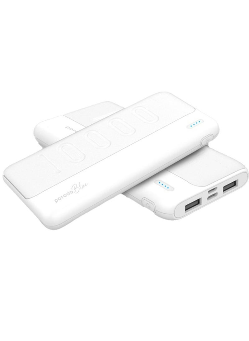 Blue 10000mAh Slim Power Bank with Dual USB-A Output, Lightweight & Compact Design, Type-C Input, LED Indicator - White