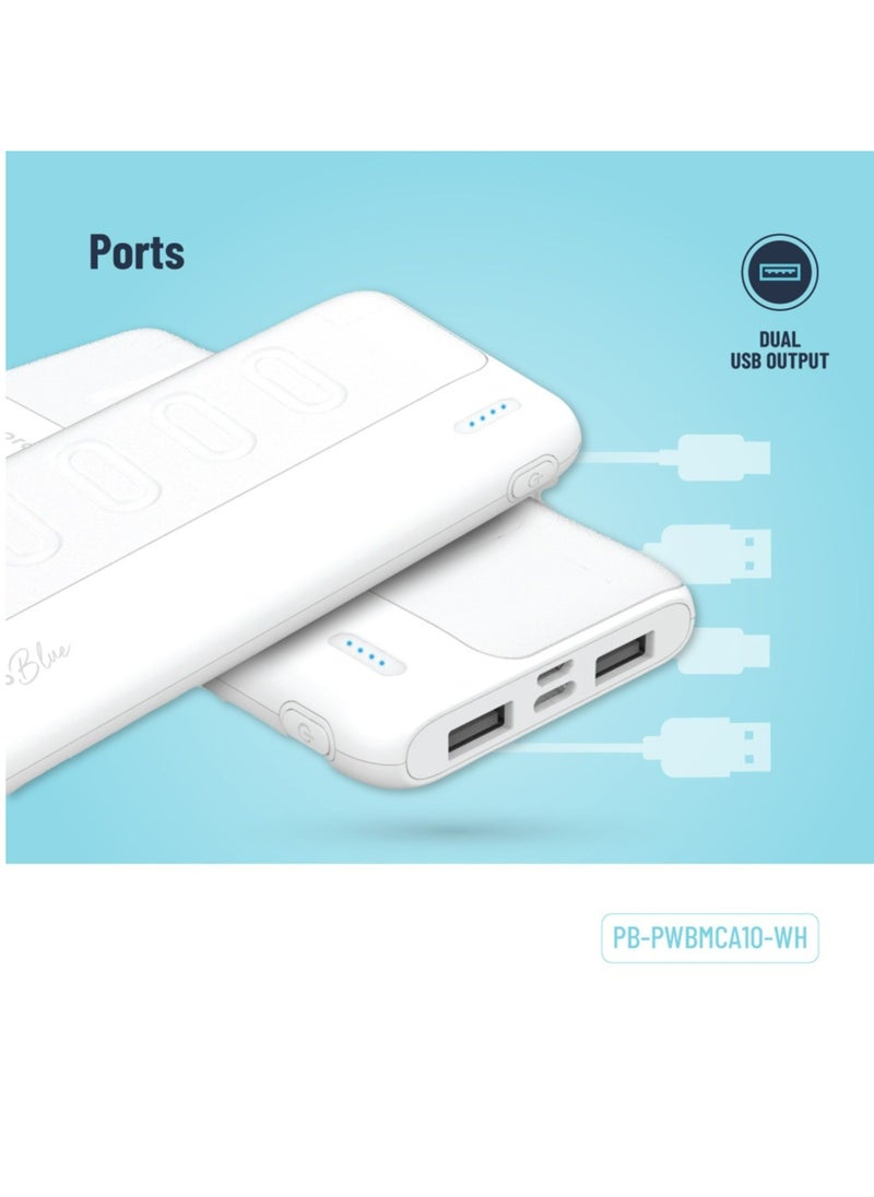 Blue 10000mAh Slim Power Bank with Dual USB-A Output, Lightweight & Compact Design, Type-C Input, LED Indicator - White