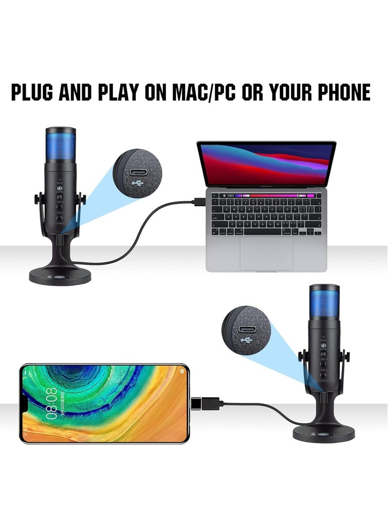 High-Quality Gaming Microphone – Condenser USB Mic with RGB Control, One-Touch Mute for PC, Laptop, PS4/PS5, Twitch & YouTube Streaming