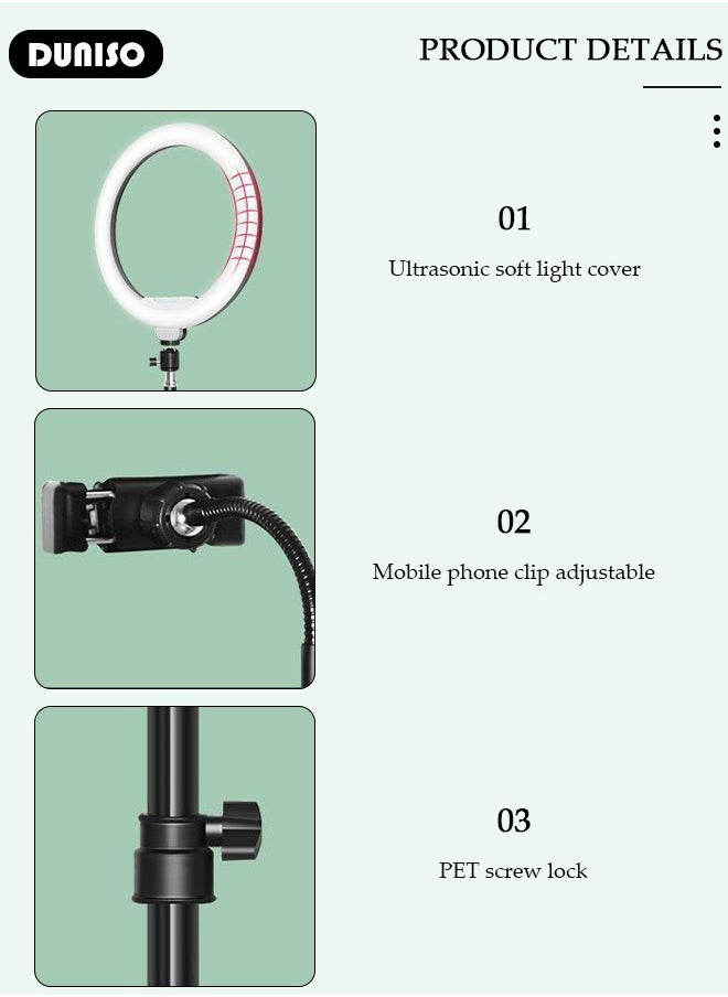 Selfie Ring Light with Extendable Floor Tripod and Phone Holder, Dimmable LED Beauty Camera Ring light with 360 Shooting Arm for Makeup, Photo Selfie, Video Recording, Live Streaming
