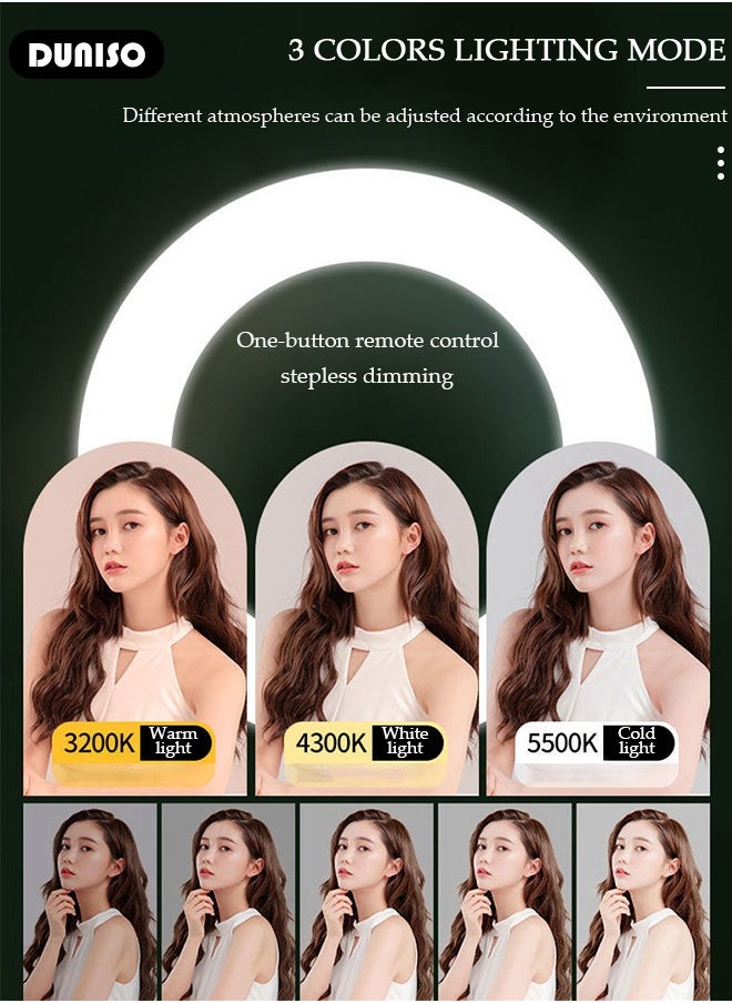 Selfie Ring Light with Extendable Floor Tripod and Phone Holder, Dimmable LED Beauty Camera Ring light with 360 Shooting Arm for Makeup, Photo Selfie, Video Recording, Live Streaming