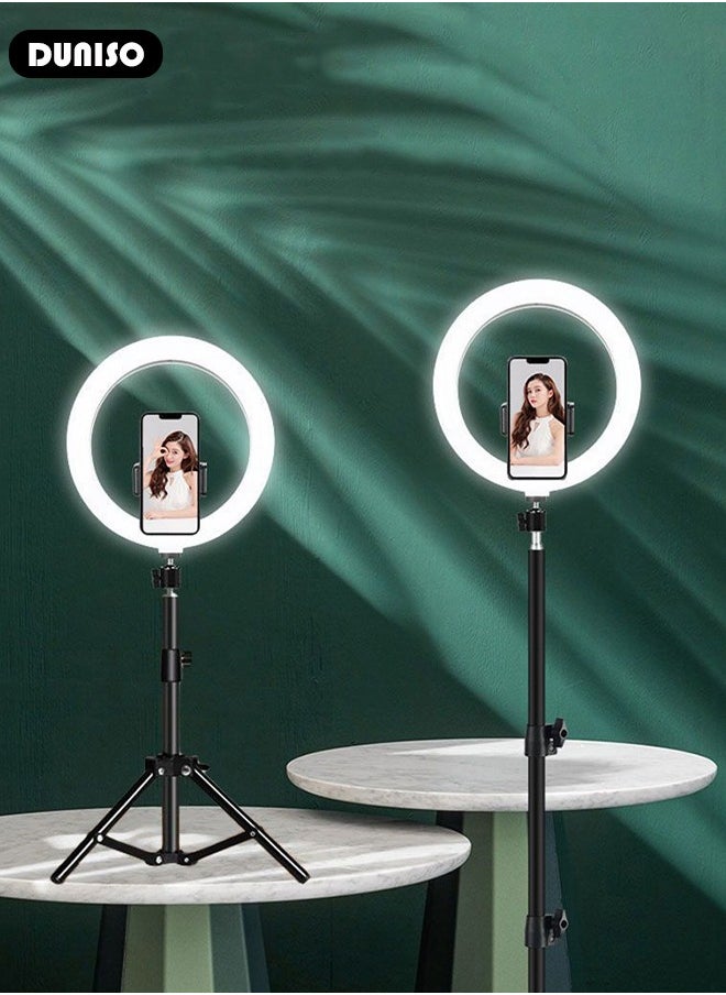 Selfie Ring Light with Extendable Floor Tripod and Phone Holder, Dimmable LED Beauty Camera Ring light with 360 Shooting Arm for Makeup, Photo Selfie, Video Recording, Live Streaming