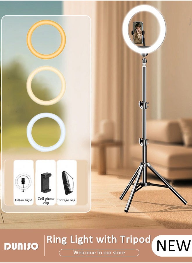 Selfie Ring Light with Extendable Floor Tripod and Phone Holder, Dimmable LED Beauty Camera Ring light with 360 Shooting Arm for Makeup, Photo Selfie, Video Recording, Live Streaming