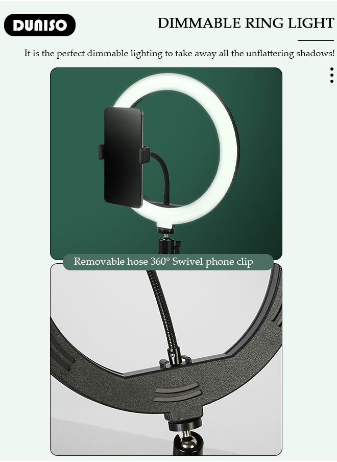 Selfie Ring Light with Extendable Floor Tripod and Phone Holder, Dimmable LED Beauty Camera Ring light with 360 Shooting Arm for Makeup, Photo Selfie, Video Recording, Live Streaming
