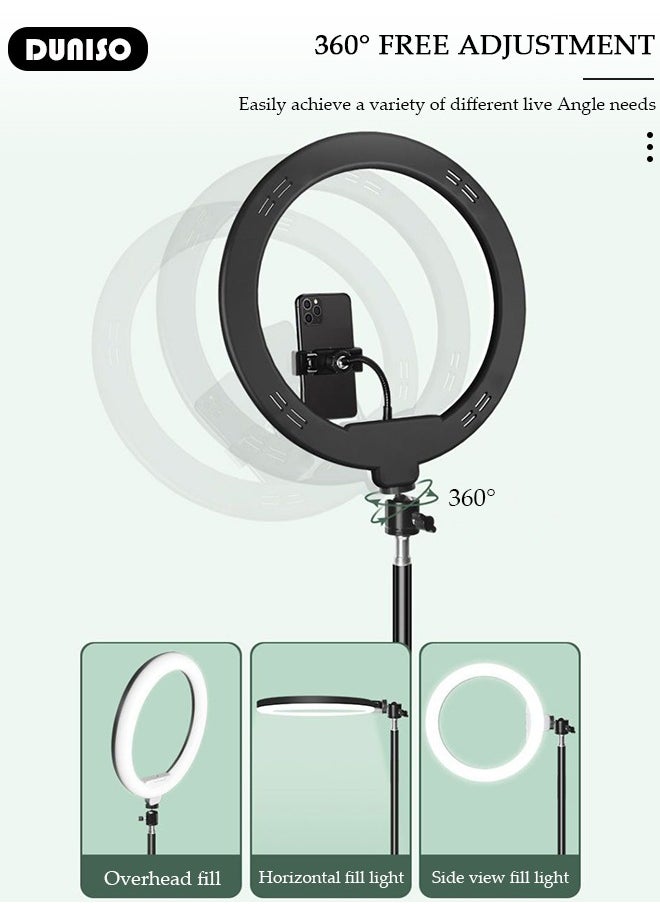 Selfie Ring Light with Extendable Floor Tripod and Phone Holder, Dimmable LED Beauty Camera Ring light with 360 Shooting Arm for Makeup, Photo Selfie, Video Recording, Live Streaming