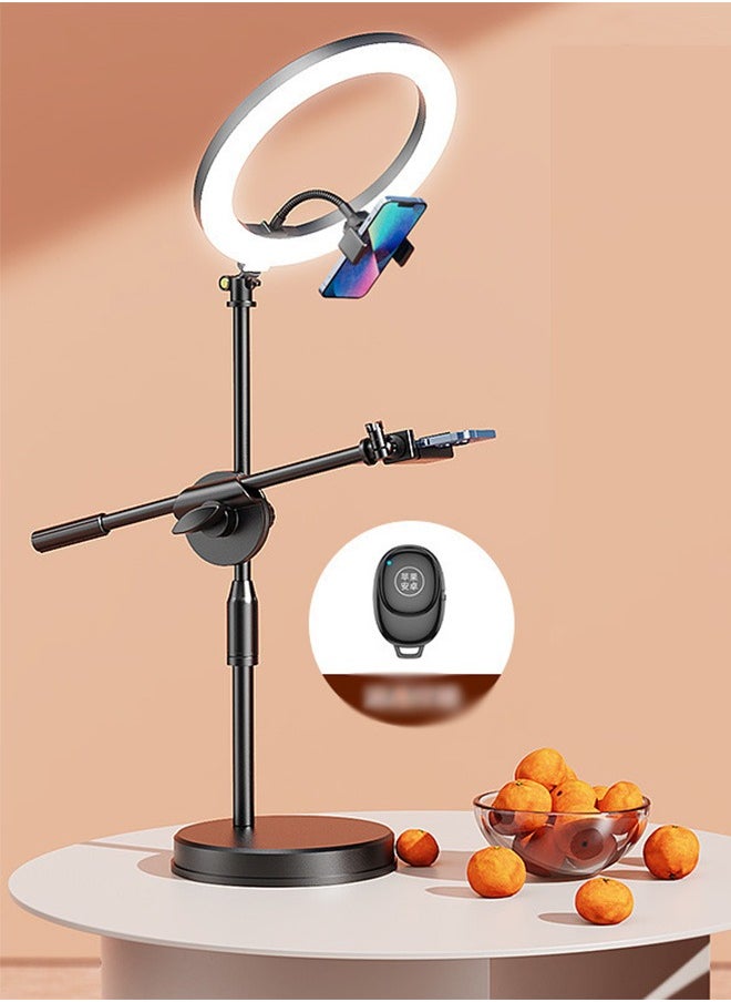 Selfie Ring Light with Extendable Desk Stand and 2 Phone Holder, Dimmable LED Beauty Camera Ring light with Bluetooth Remote Control for Makeup, Photo Selfie, Video Recording, Live Streaming, Cooking Filming