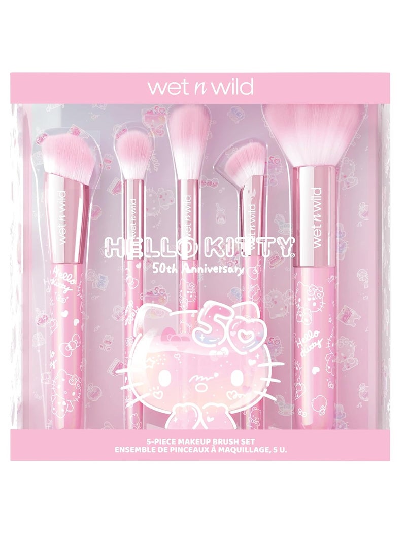 Hello Kitty 5-Piece Makeup Brush Set, Buildable & Blendable Multifunctional Seamless Application, Cruelty-Free & Vegan Feathery Soft Bristles Multicolor