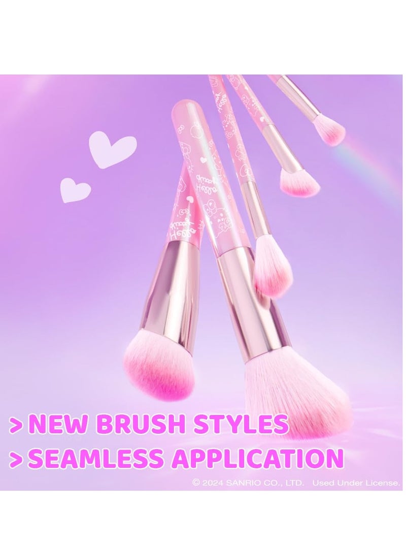 Hello Kitty 5-Piece Makeup Brush Set, Buildable & Blendable Multifunctional Seamless Application, Cruelty-Free & Vegan Feathery Soft Bristles Multicolor