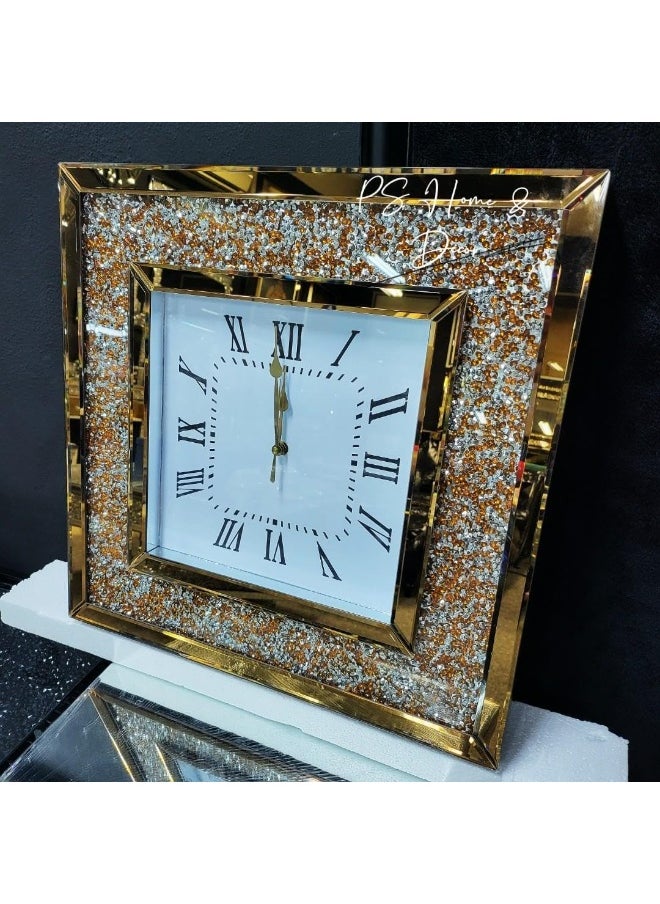 Stunning Dazzling Mirrored Crushed Diamond Wall Clock 50Cm Rose Gold