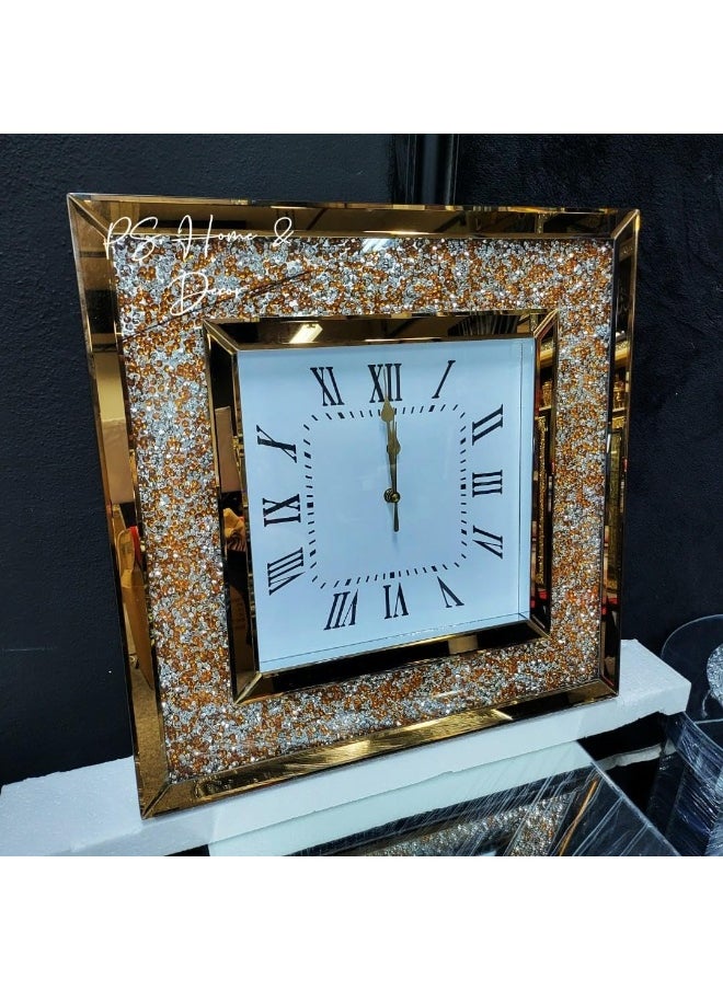 Stunning Dazzling Mirrored Crushed Diamond Wall Clock 50Cm Rose Gold