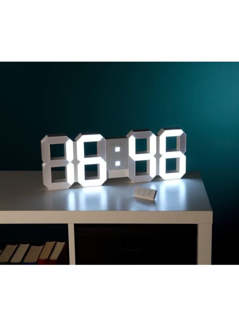 Modern Remote Control 3D LED Wall Clock, White, 42x15cm – Adjustable Brightness Digital Time Display