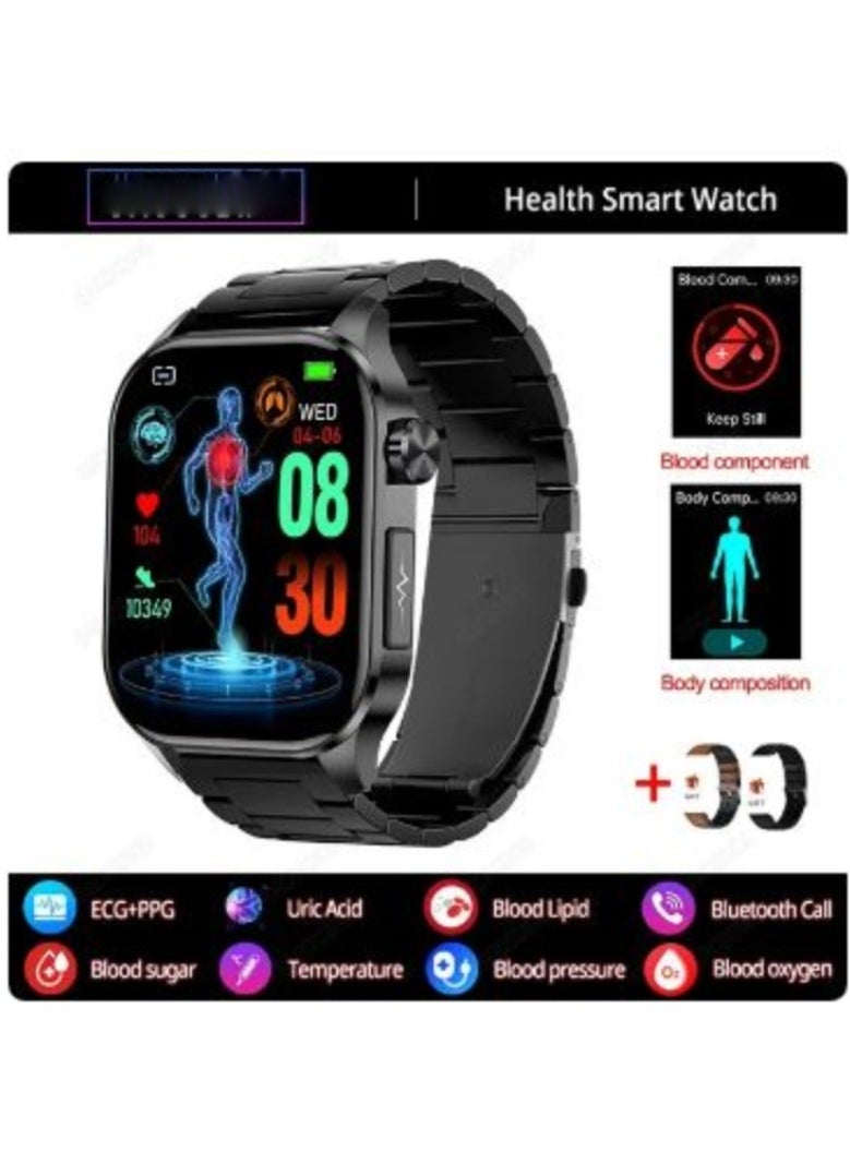 2024 New Blood Lipids Uric Acid Blood Glucose Smart Watch ECG+PPG+HRV Heart Rate Blood Body Composition Bluetooth Call Smartwatch (Steel Belt With 2 Strap )