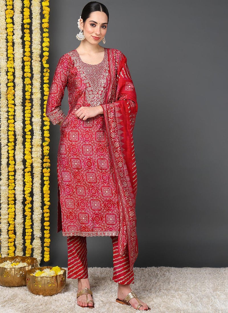 Maroon Polyester Ethnic Motifs Printed Straight Kurta Trouser With Dupatta