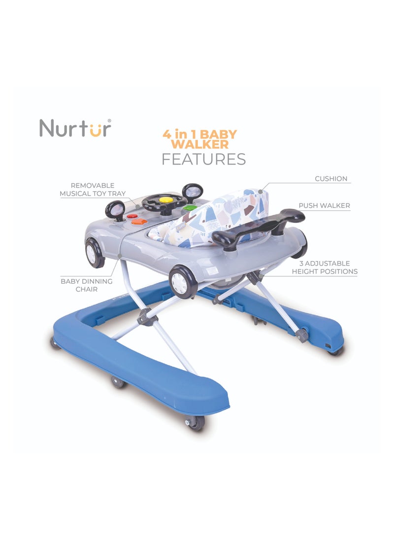 Nurtur 4 In 1 Baby Multi Walker-rocking Function- Music - 5 Height Adjustment- feeding table, car mould, easy fold - Multi