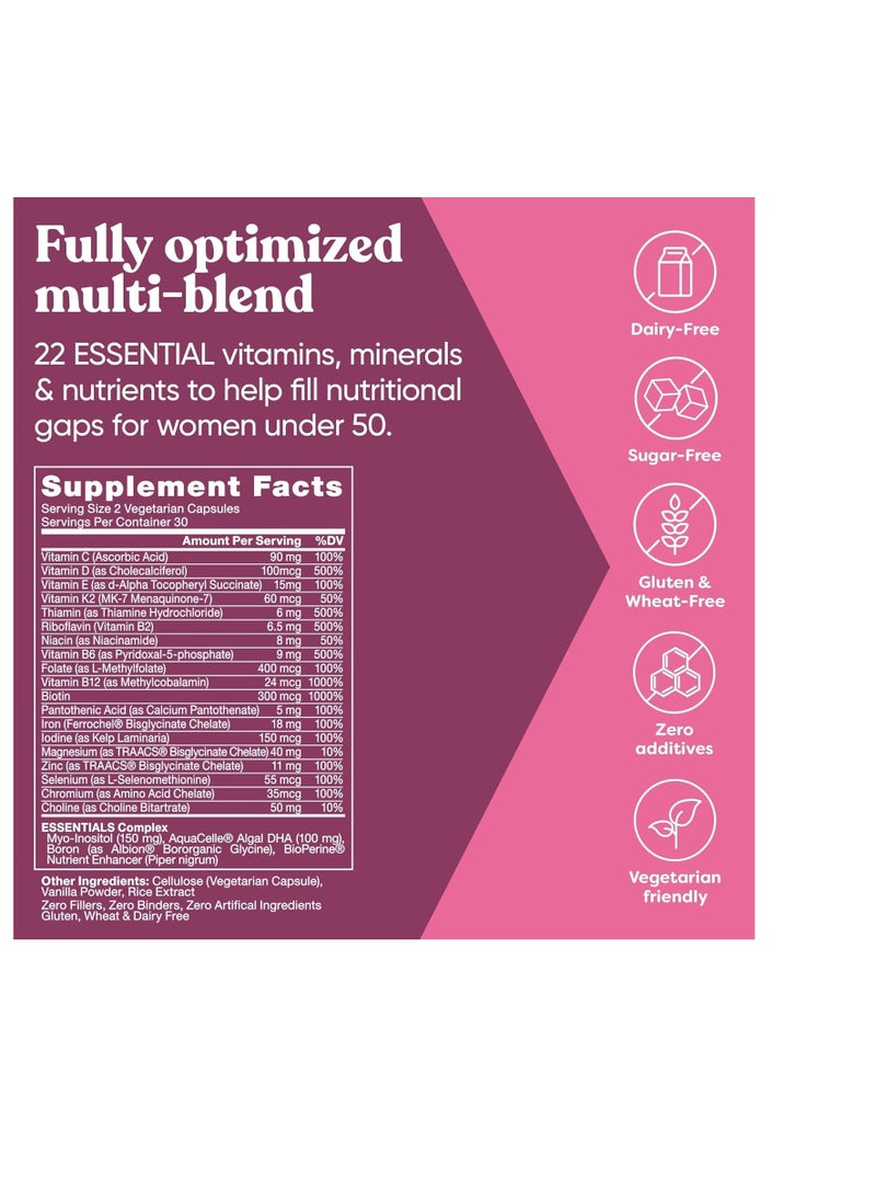 Essentials Multivitamin for Women – 22 Optimized Vitamins for Immunity, Beauty, Brain, Energy, Bones and Heart – Vitamin C, D, E, K, Iron, B6 and DHA - 60 Vegetarian Soft Capsules