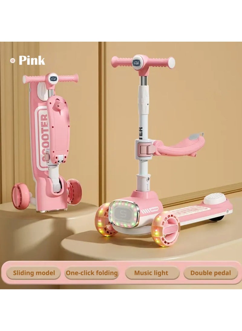 Little Story Kids Scooter w/ Ride On & Push Handle - Pink