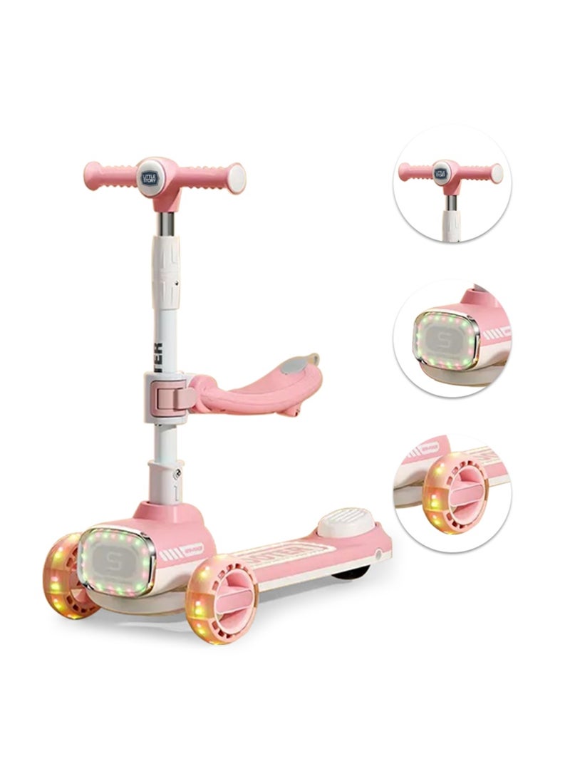 Little Story Kids Scooter w/ Ride On & Push Handle - Pink