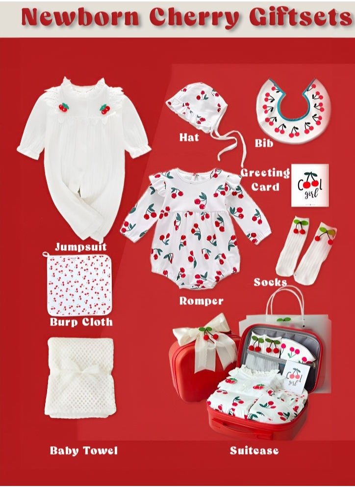 Newborn Baby Dress Giftset in cherry Theme with Baby Cloth Essentials for Gifting for Baby Girls with 9 in 1 Set