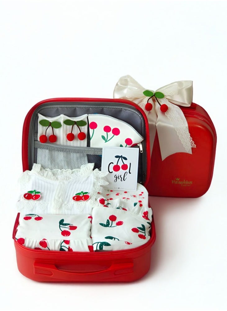 Newborn Baby Gift Set for Girls in Cherry Theme with Romper and Jumpsuit wit Suitcase for Gifting for Baby Girls