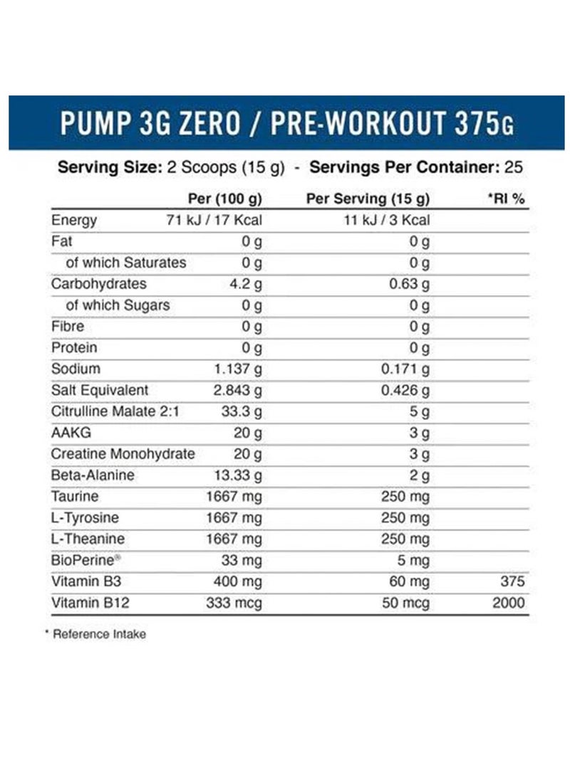 Applied Nutrition Zero-Stim Caffeine Pump 3G Pre-Workout Icy Blue Raz 375g