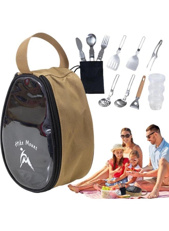 Camping Utensil Set BBQ Camping Kit Bowls and Forks Tableware Set Potable Camping Accessories Folding Organizer Bag Cookware Kit for Hiking