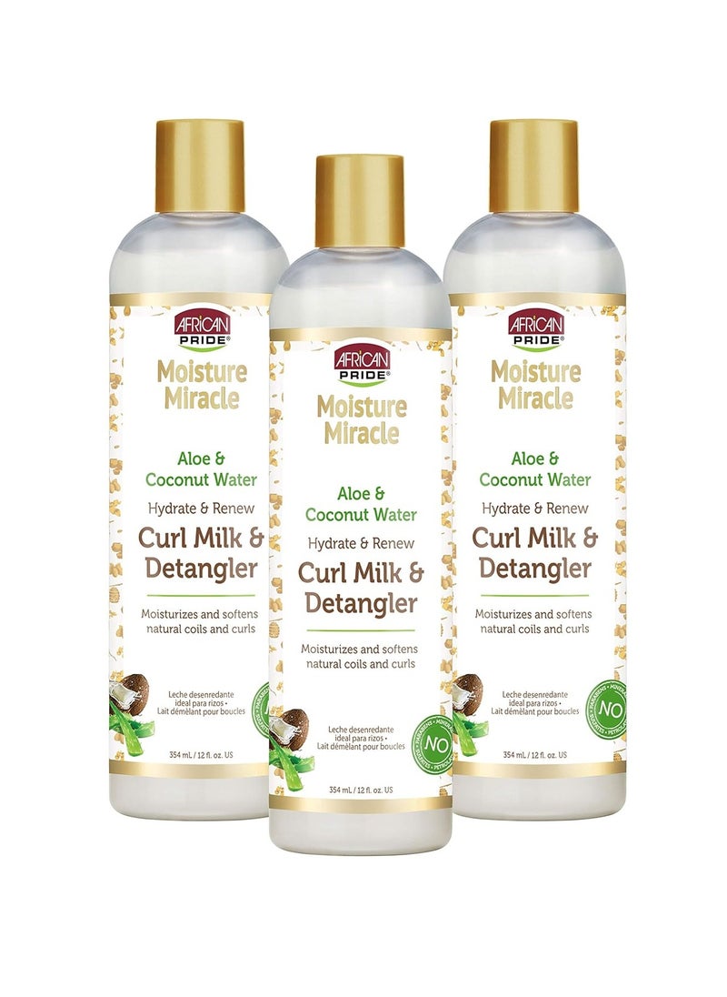 African Pride Moisture Miracle Hydrate & Renew Curl Milk & Hair Detangler (3 Pack), For Natural Coils & Curls, Hydrates & Controls Frizz, 12 oz