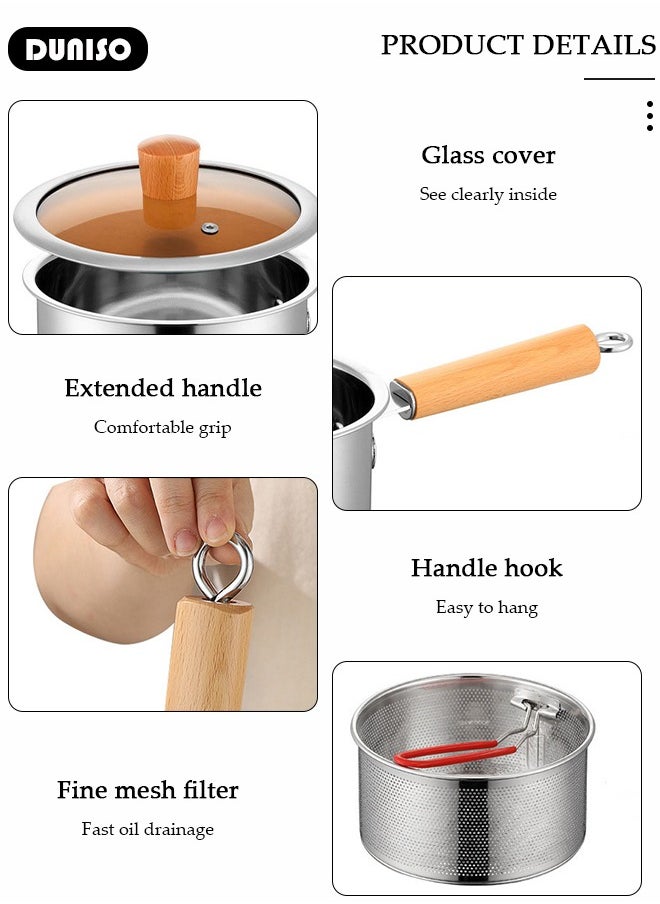 Deep Fryer Pot with Fry Basket, Stainless Steel Oil Strainer Pot, Food Cooking Pot With Lid, Deep Fry Pan with Easy Grip Handle for Home Use, Stovetop Fryer with Basket for French Fries, Chicken Wings