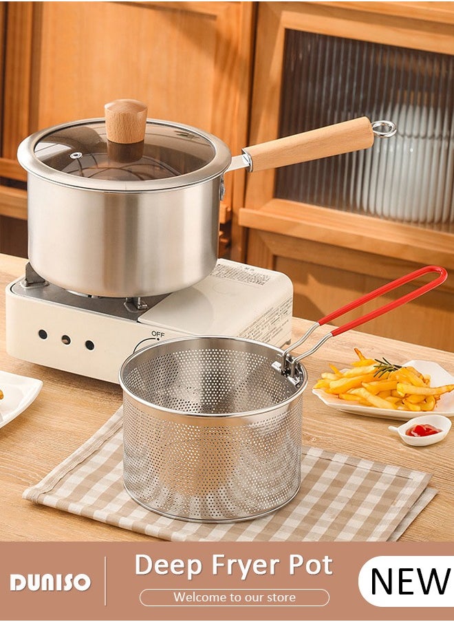 Deep Fryer Pot with Fry Basket, Stainless Steel Oil Strainer Pot, Food Cooking Pot With Lid, Deep Fry Pan with Easy Grip Handle for Home Use, Stovetop Fryer with Basket for French Fries, Chicken Wings