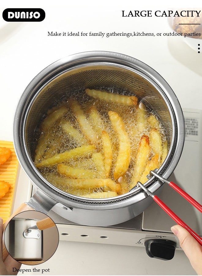 Deep Fryer Pot with Fry Basket, Stainless Steel Oil Strainer Pot, Food Cooking Pot With Lid, Deep Fry Pan with Easy Grip Handle for Home Use, Stovetop Fryer with Basket for French Fries, Chicken Wings
