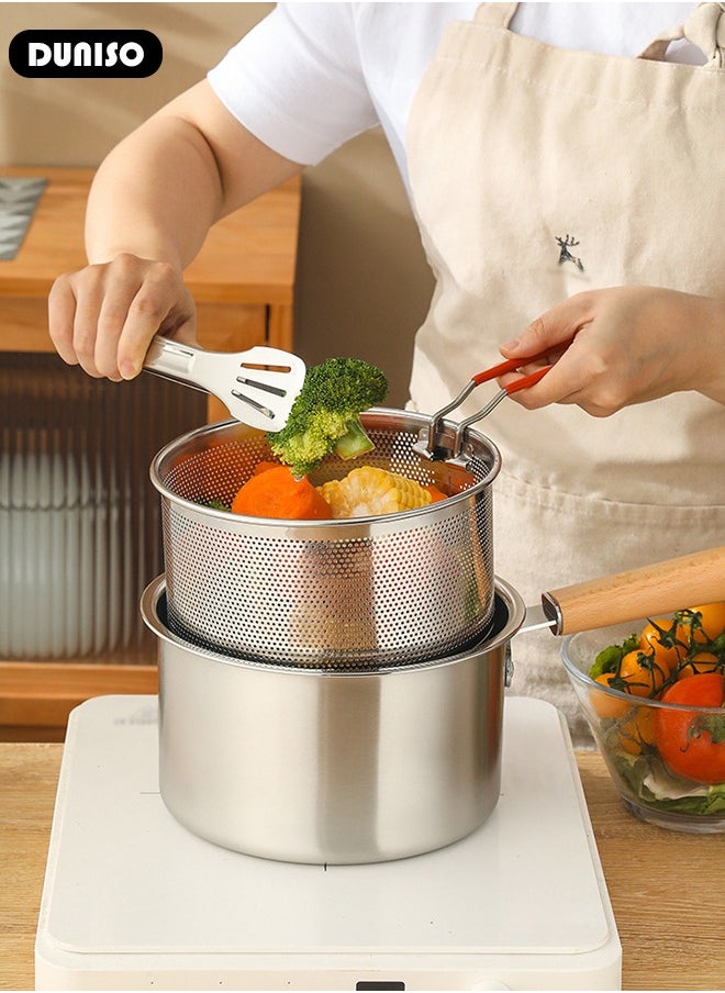Deep Fryer Pot with Fry Basket, Stainless Steel Oil Strainer Pot, Food Cooking Pot With Lid, Deep Fry Pan with Easy Grip Handle for Home Use, Stovetop Fryer with Basket for French Fries, Chicken Wings